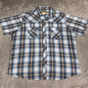 Wrangler Western Shirt Pearl Snap Men’s 2XL BIG Blue Plaid Short Sleeve Rodeo